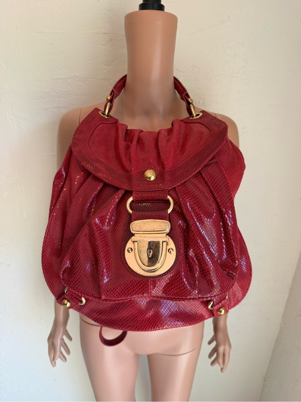 HYPE Y2K Red Embossed Snake Skin Leather Women’s Tote Satchel Bag Gold Hardware